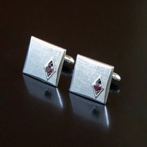 Vtg Modern Red Jeweled Swank Cufflinks Silver Tone